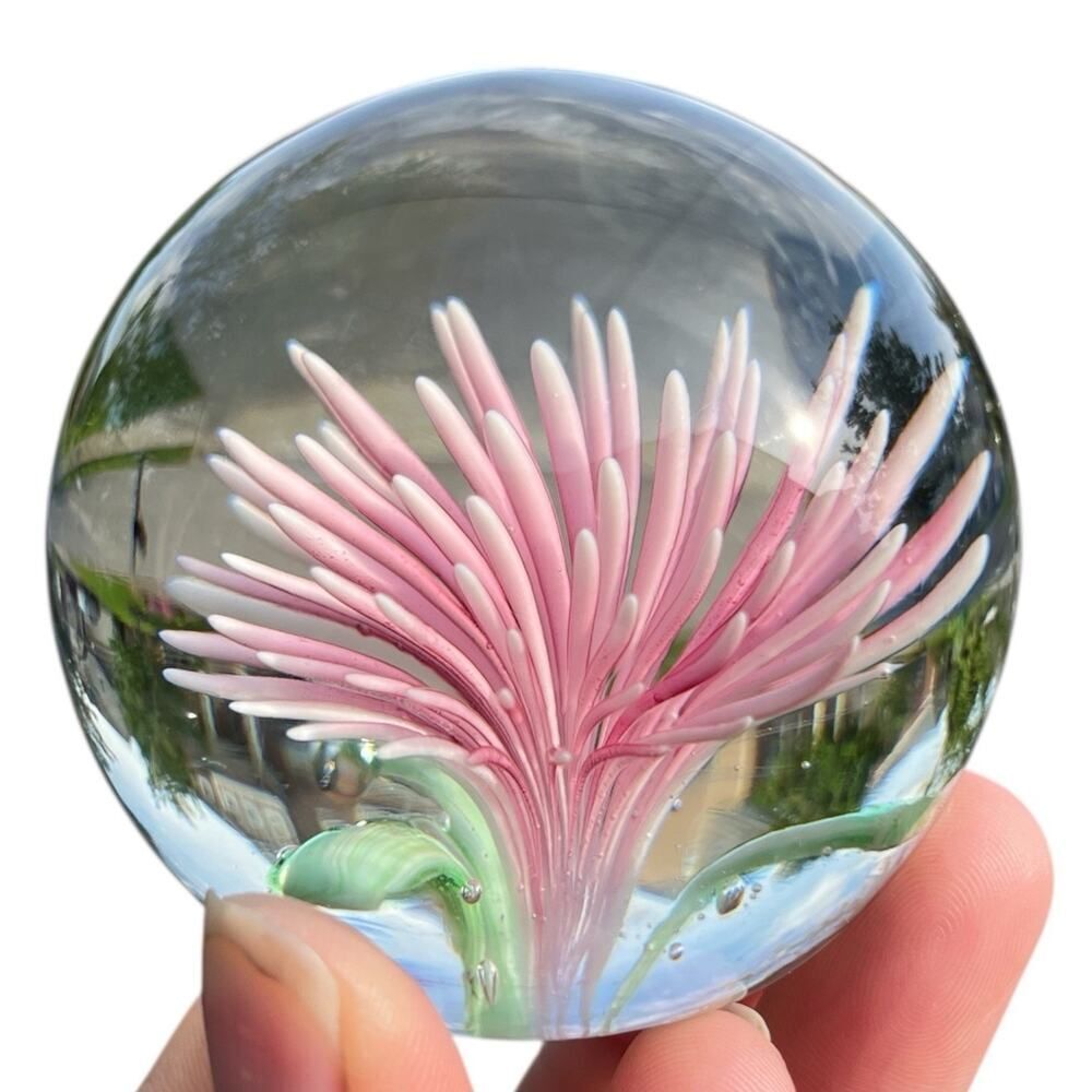 Art Glass Chrysanthemum Paperweight Light Pink 60s Floral 1.75” Tall READ
